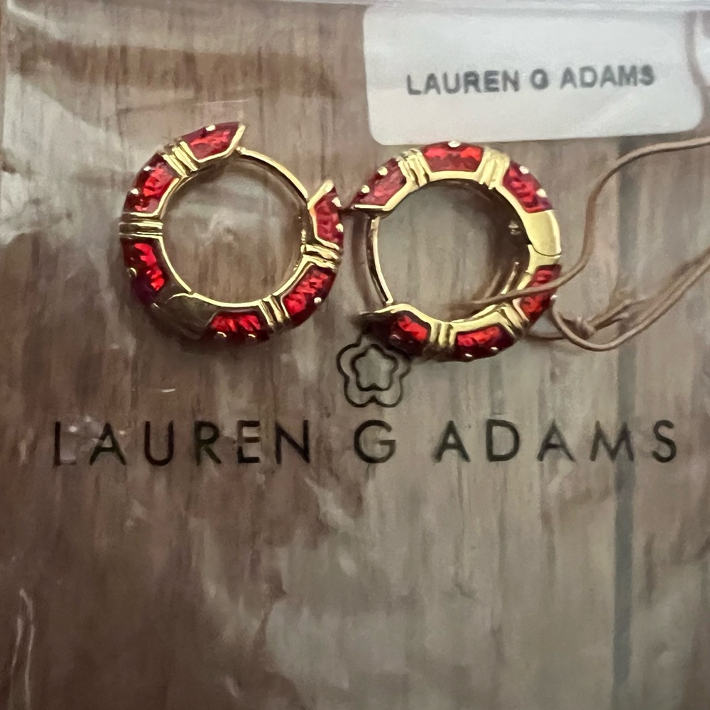 Lauren G Adams Red Crystal Gold Huggies Hoop Earrings